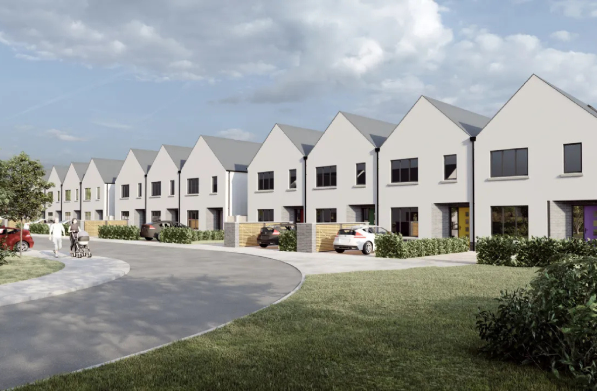 Street view of modern new build homes at St. Farnan's Close, Prosperous, Co. Kildare, with landscaped gardens and family-friendly surroundings.