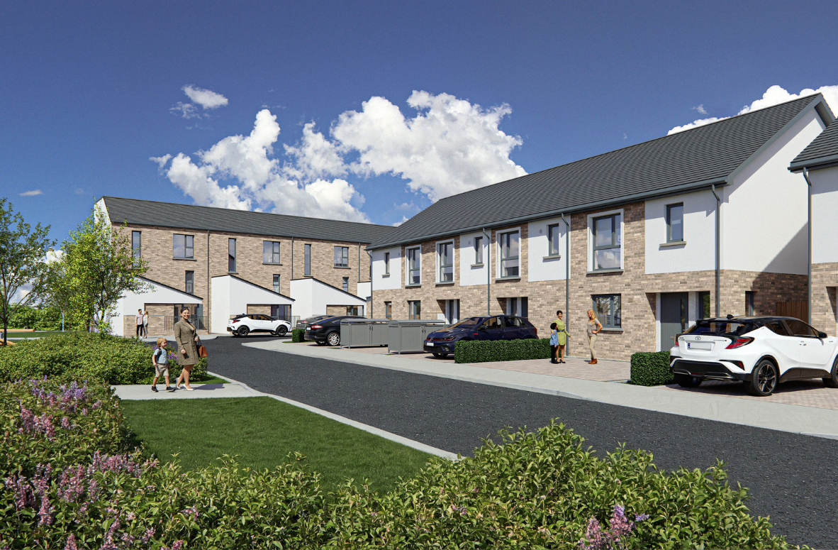 Street view of modern new build homes at Bennetstown, Dunboyne, Co. Meath, surrounded by communal green spaces and landscaped gardens in a family-friendly community.